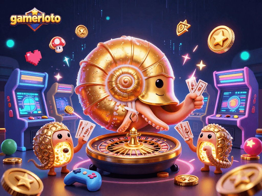 Experience gamerloto casino action in a vibrant 3D illustration showcasing cards, roulette, and arcade games.