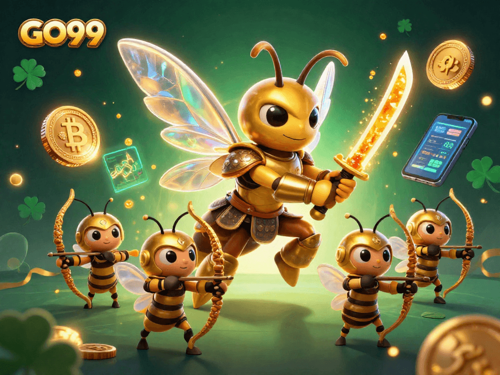 Spin to win at GO99 with vibrant 3D illustrations featuring a golden hornet and casino elements.
