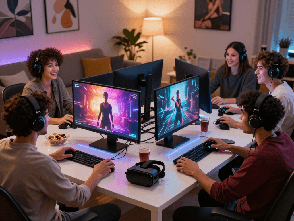 Players enjoying real sex games in a stylish living room, showcasing vibrant gaming scenes and social interaction.