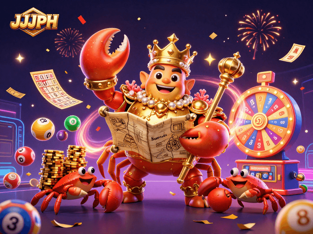 Experience excitement with JJJPH, featuring colorful lottery elements and a regal crab emperor.