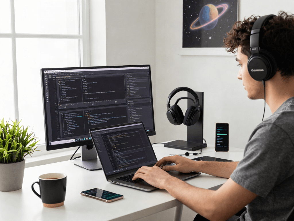 Young developer coding on laptop showcasing pikashow app designs in a modern workspace.