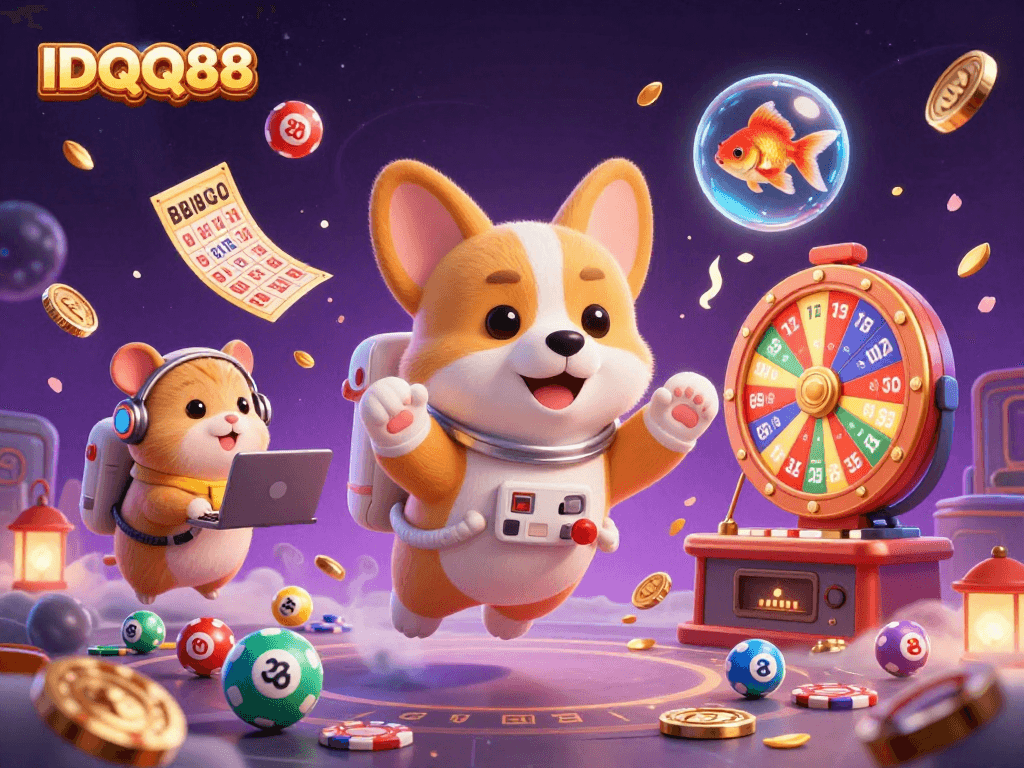 Experience thrilling wins with IDQQ88 in a vibrant 3D space casino scene full of floating prizes.
