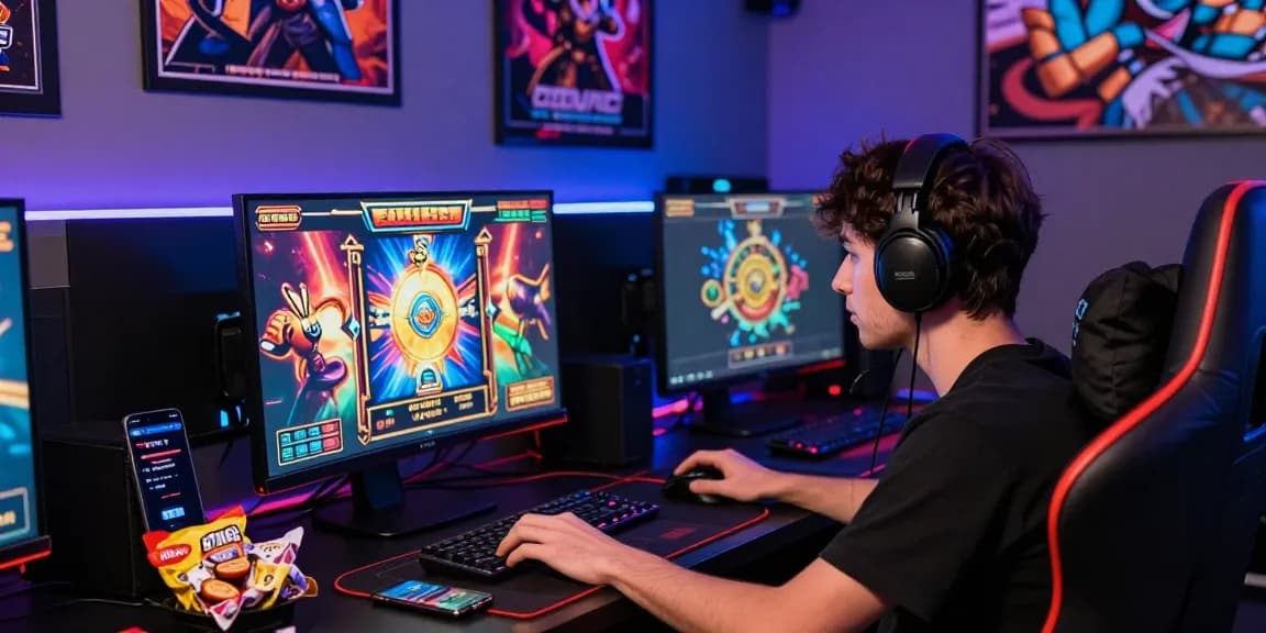 Engaging online gaming setup showcasing situs888 slot game excitement with vibrant graphics and accessories.