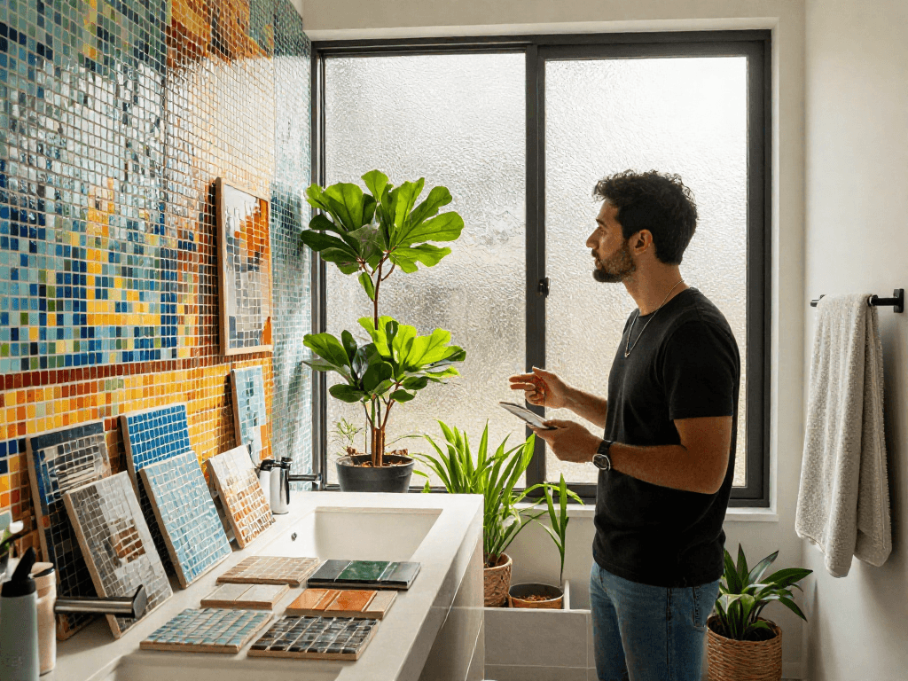 Mosaic tiles Sydney displayed in a modern bathroom, showcasing vibrant designs and professional styling.