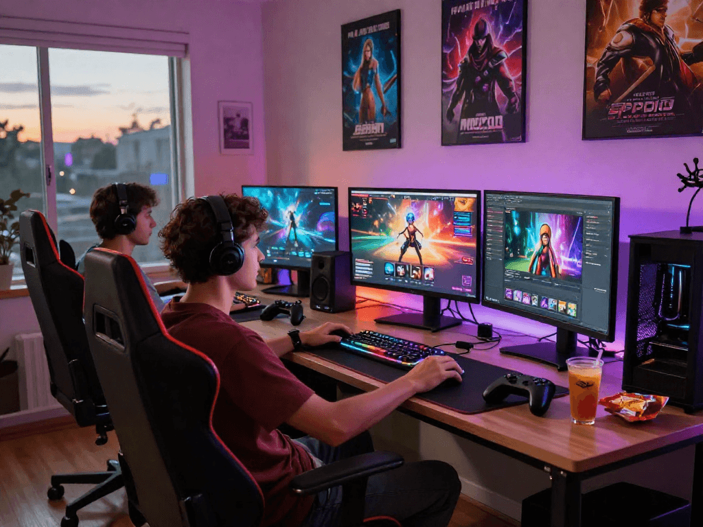 Gamer enjoying immersive porn games at a modern gaming setup with colorful lights.
