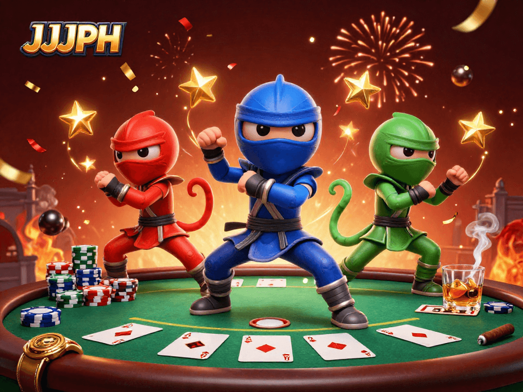 Experience thrilling poker strategy with JJJPH by watching a dynamic chameleon ninja showdown.