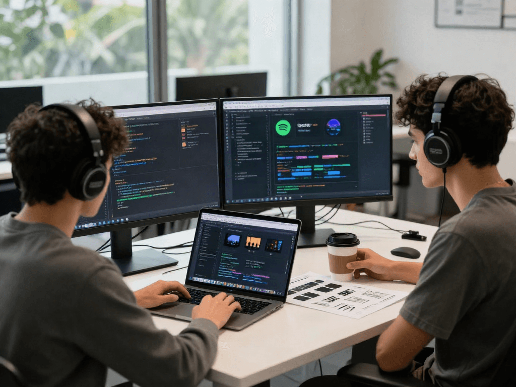Engaged developer working on spotify mod enhancements in a modern office.