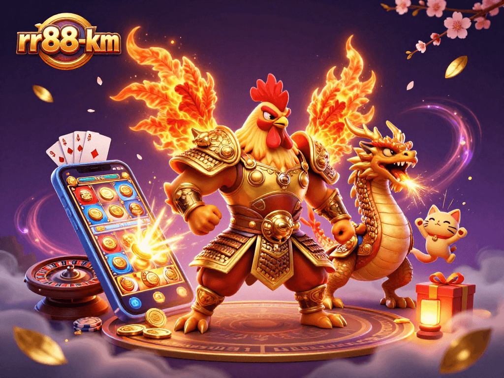 Engage with rr88-km for thrilling action featuring a rooster warrior and dragon hatchling in a vibrant casino scene.