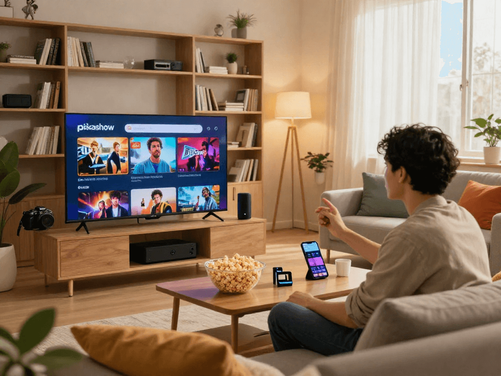 Experience vibrant content streaming on pikashow in a cozy modern living room.