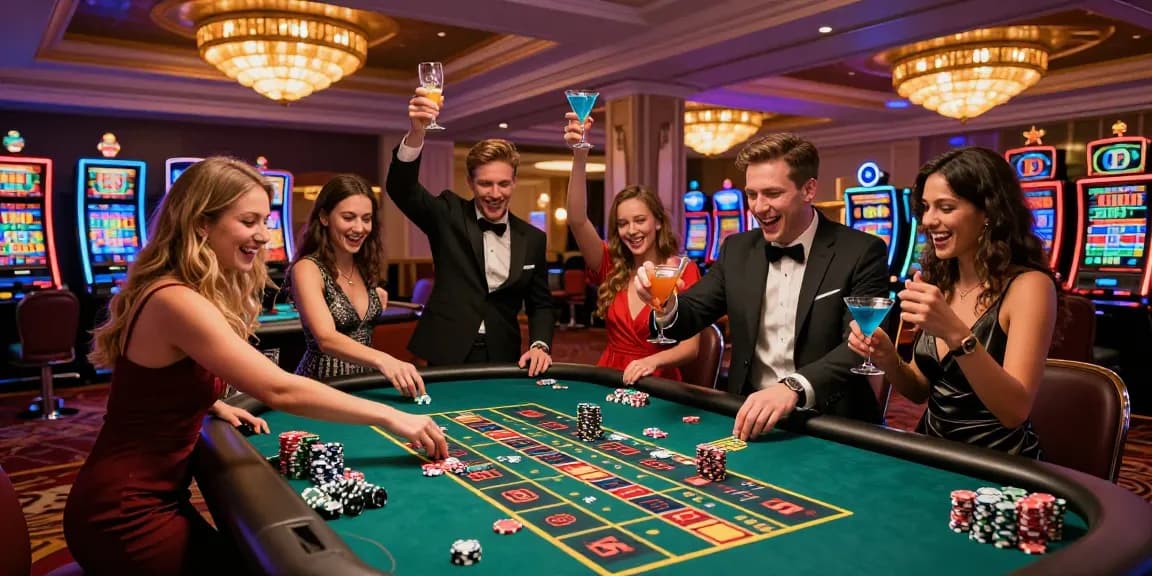 Friends celebrating a big win at the lucky77 casino table, vibrant atmosphere.