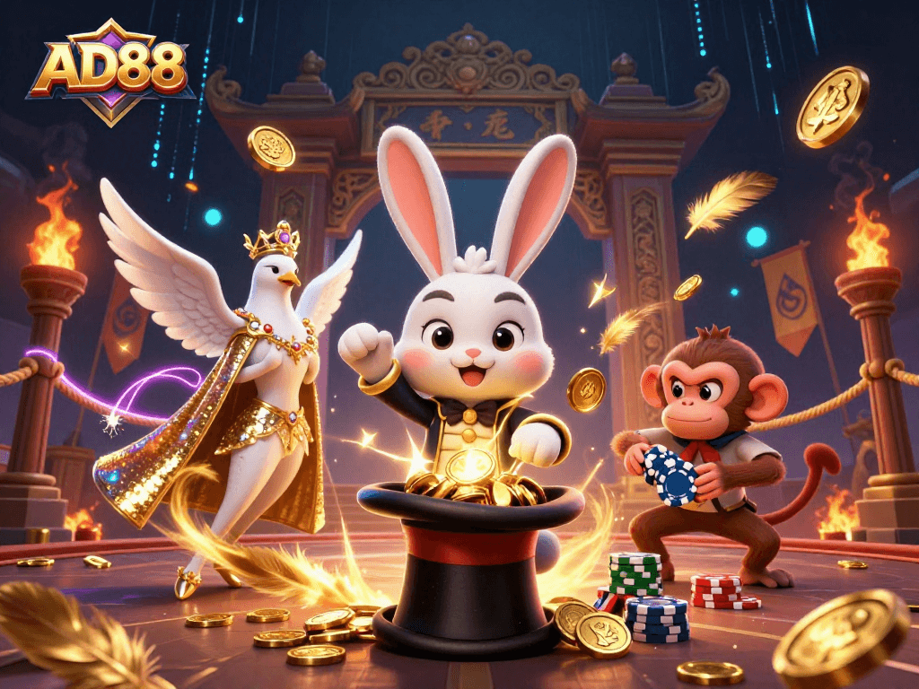 Engage in the thrilling world of AD88 casino adventures with a vivid illustration of a magician rabbit, dove, and monkey amid dynamic gaming elements.