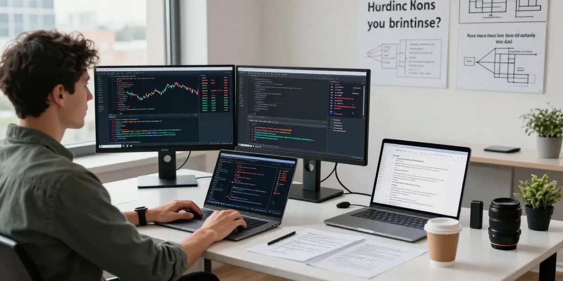通过TOPIX指数报价API分析股市数据的开发者在现代化办公室中工作，显示实时数据的双显示器和笔记本电脑。