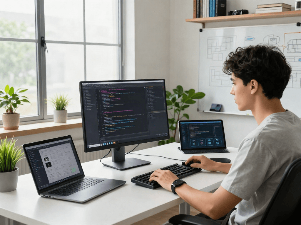 Coding scene with a software developer at a modern desk showcasing cocoflix on a high-resolution monitor, emphasizing technology and productivity.