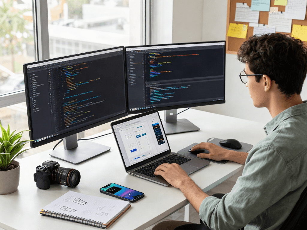 Developer programming with pikashow apk interface on dual screens in a bright workspace