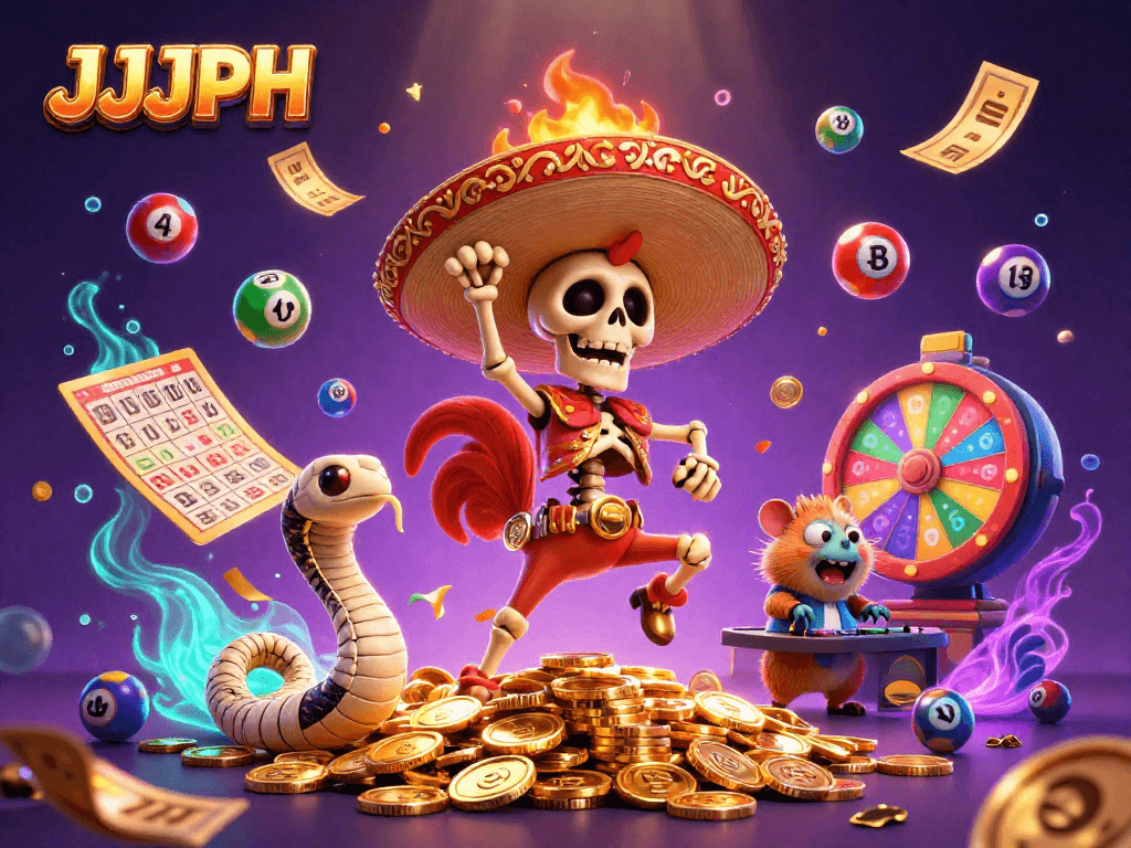 Engage with JJJPH's vibrant 3D casino illustration featuring lively characters and dynamic game elements.
