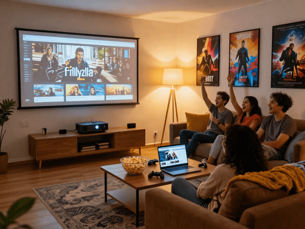 Friends enjoying a movie night on filmyzilla in a cozy living room with snacks and a vibrant atmosphere.