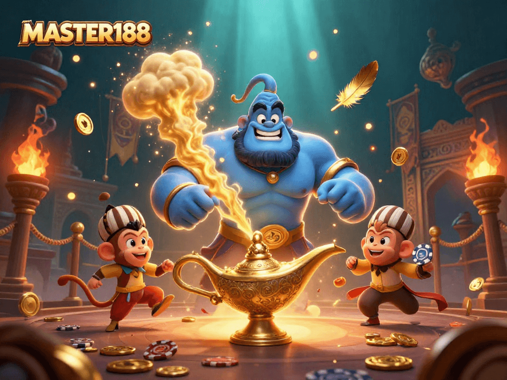 Experience MASTER188's exciting casino atmosphere with a vibrant genie, monkey, and poker chips.