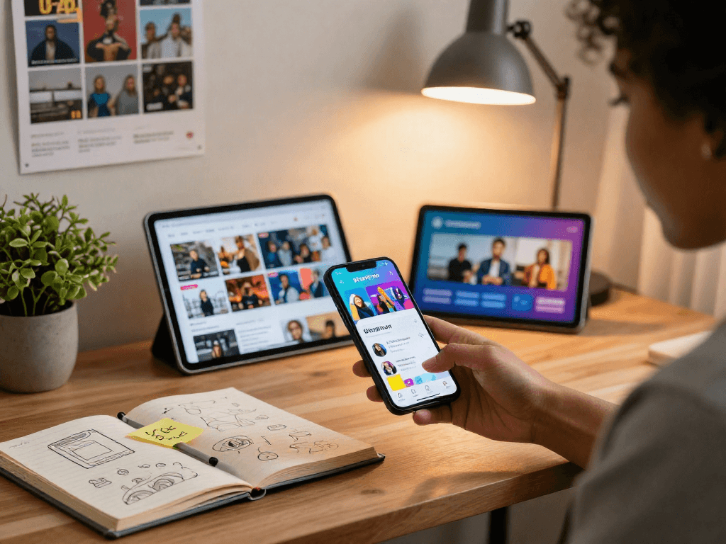 Engaging user showcasing the pikashow app on smartphone in a modern workspace.