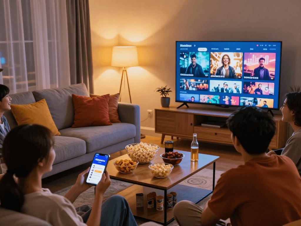 Enjoying Moviebox streaming on a cozy home movie night with friends.
