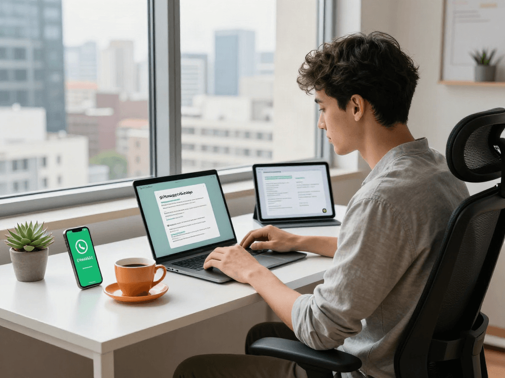 Young professional configuring gb WhatsApp on a modern laptop in a stylish home office.