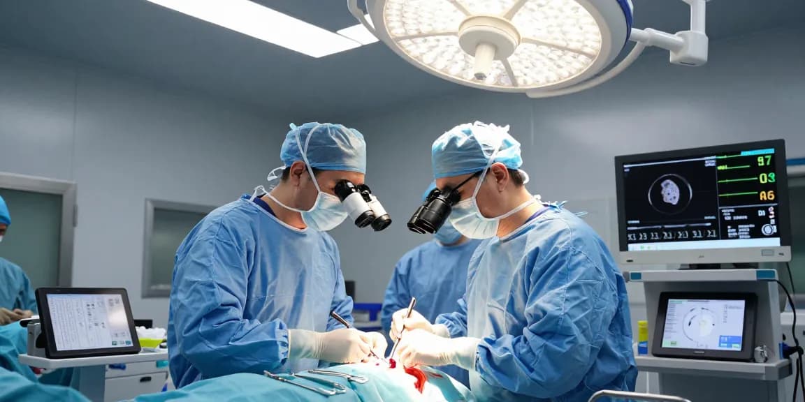 Beyin tümörü ameliyatı being performed by skilled surgeons in a modern surgical room with advanced equipment.