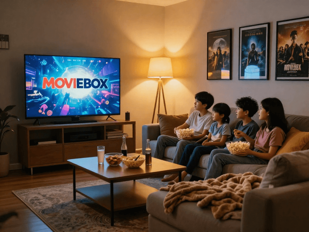 Family enjoying a Moviebox night in a cozy living room