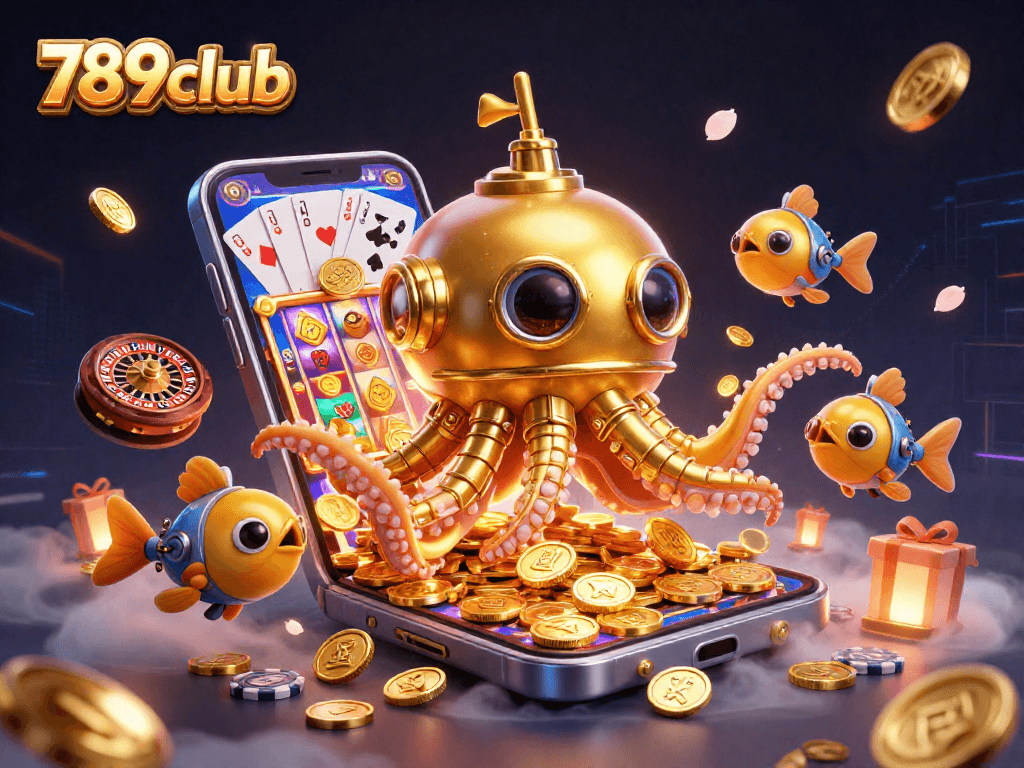 Engage with the 789club experience through a vibrant 3D casino scene bursting with gold coins and gaming action.