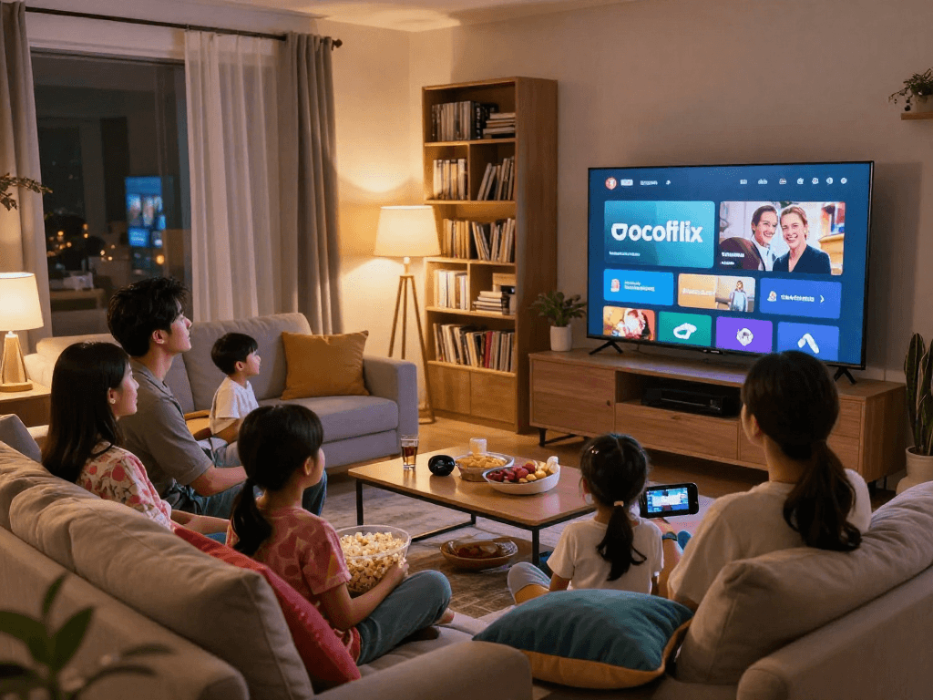 Enjoying family movie night with cocoflix streaming on TV.