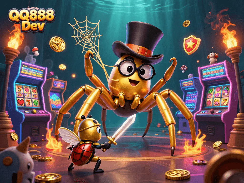 Experience adventure in the QQ888 Dev casino with a thrilling golden tarantula and brave beetle knight gaming scene.