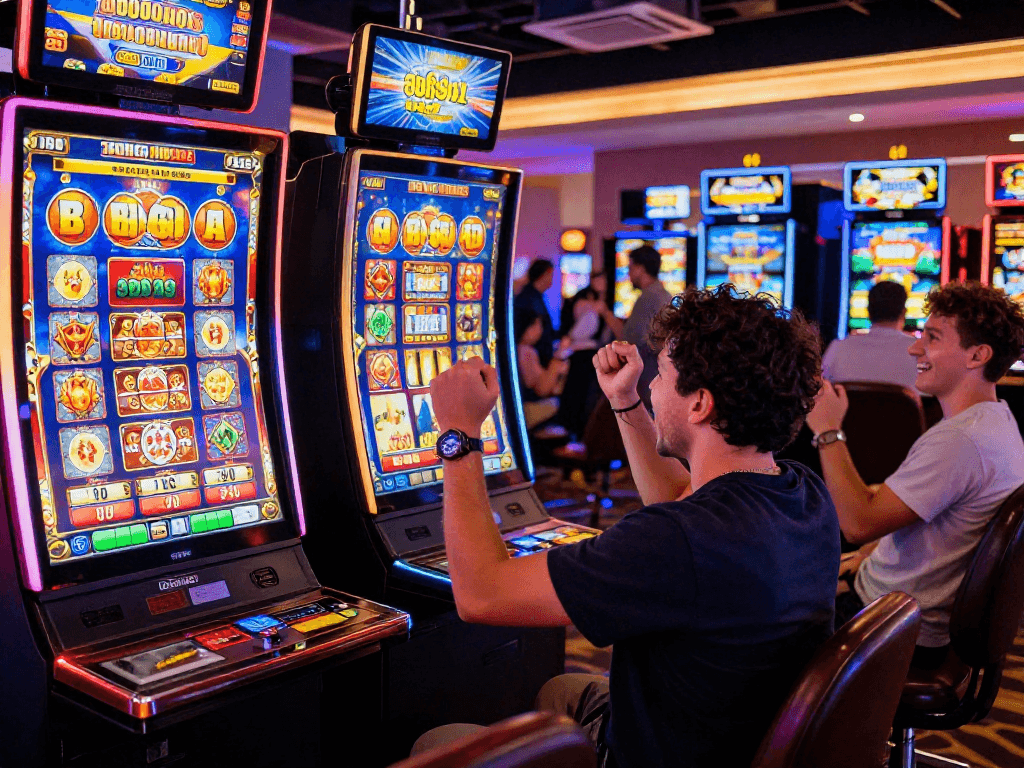 Player celebrating a big win on bonus buy slots in a vibrant online casino setting with colorful machines and joyful atmosphere.
