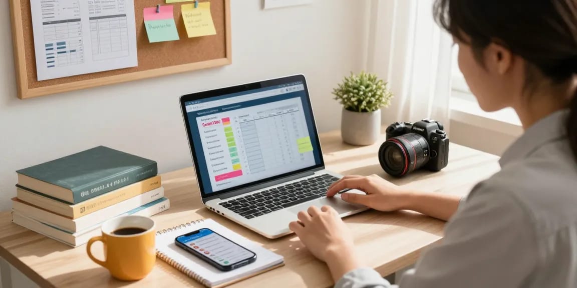 Home office portrait featuring a young professional analyzing their Credit Score using a laptop and budgeting tools, creating a motivational financial environment.