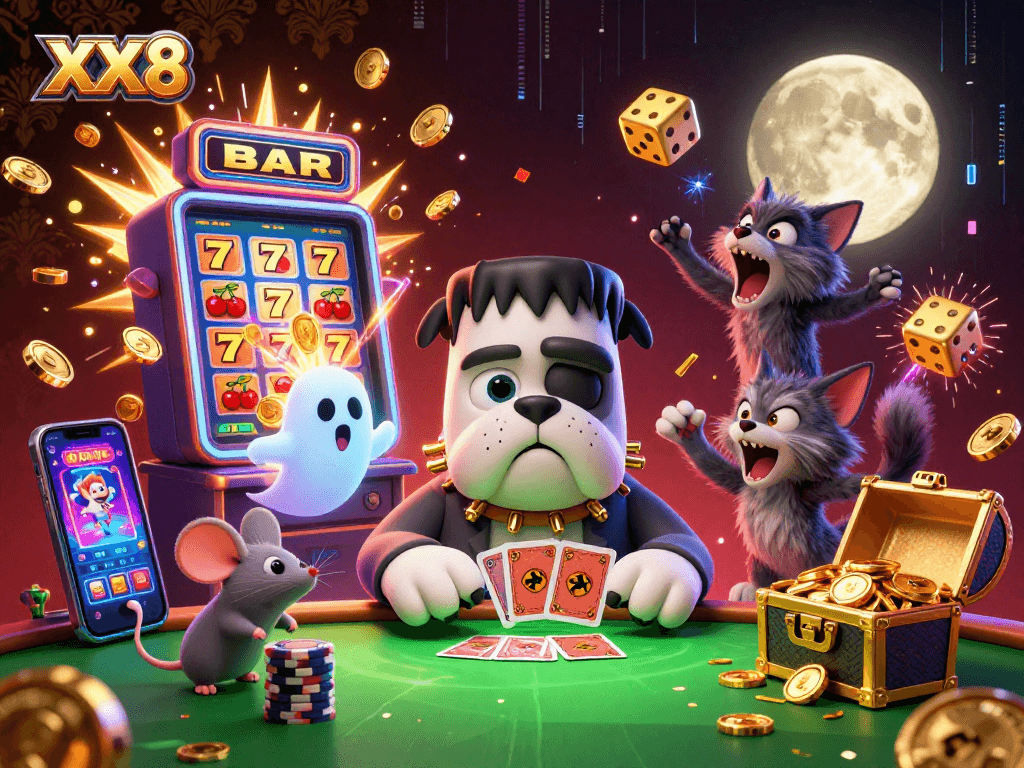 Engage with the lively scene at XX8 as a bulldog dealer interacts with casino elements and a ghost mouse.