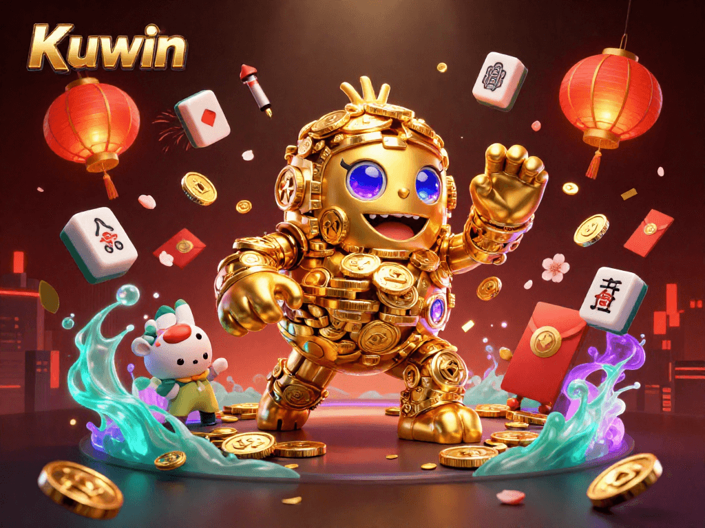 Kuwin golem spins golden coins amidst dazzling casino elements in a vibrant, festive scene.