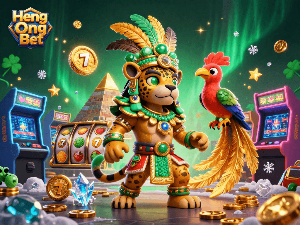 Engage with Heng Ong Bet in an immersive 3D casino adventure featuring vibrant slot reels and Mayan characters.