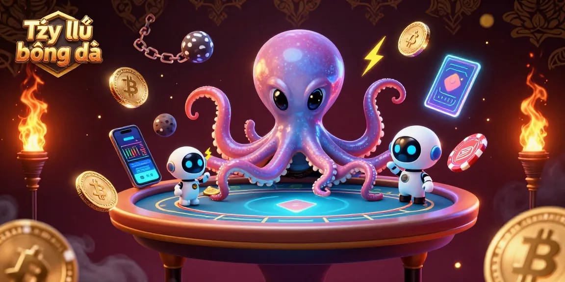 Tỷ lệ bóng đá showcases an alien octopus at a holographic poker table amidst interstellar elements.