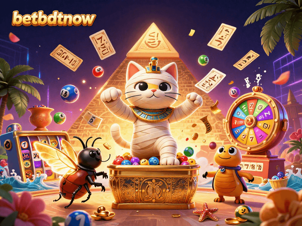Engage in exciting gameplay with vibrant visuals at betbdtnow, featuring colorful lottery elements and a mystical mummy cat.