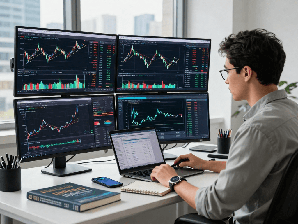 使用TradingView实时分析股票和加密货币的交易员在现代工作空间内，聚焦于技术指标和策略。