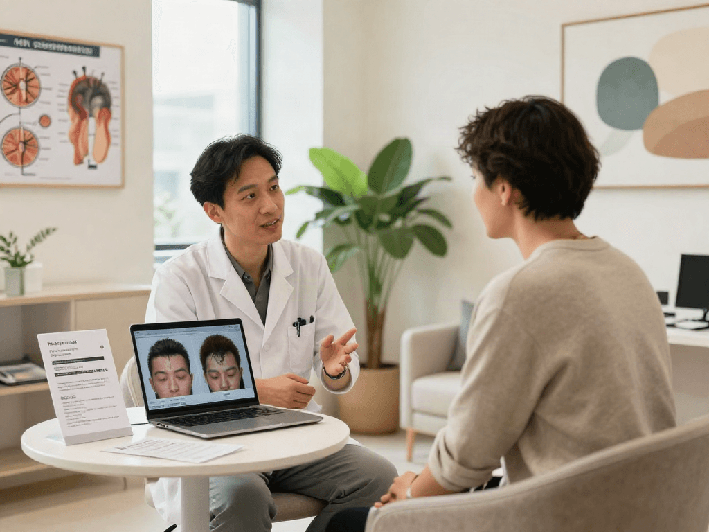 Hair transplant turkey consultation with surgeon in modern clinic, discussing options and showing success stories on laptop.