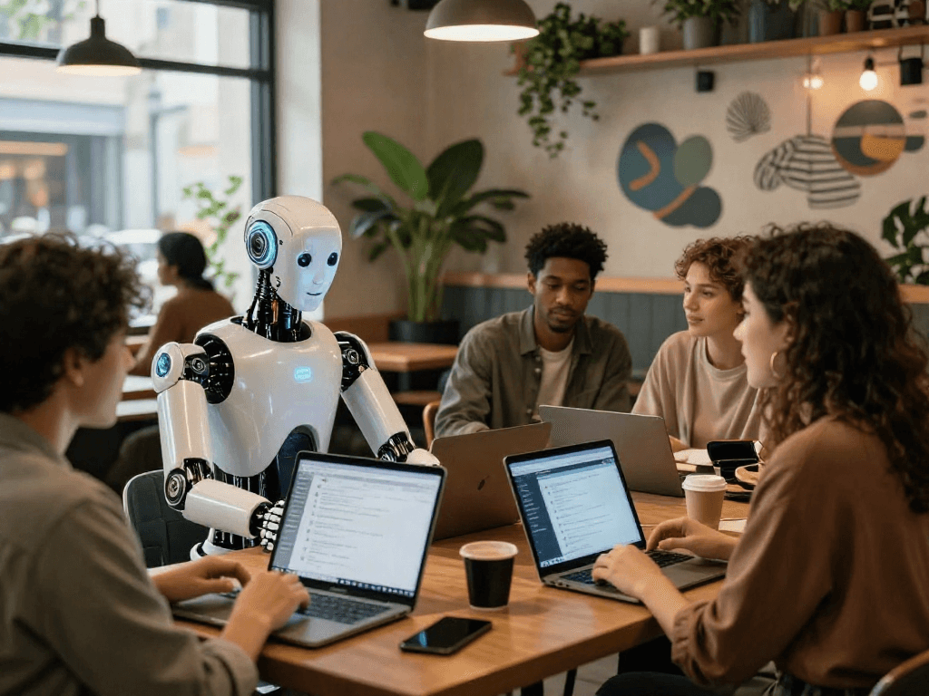 Engaging scene of a sex bot interacting with people in a modern café, showcasing emotional AI technology and social connectivity.