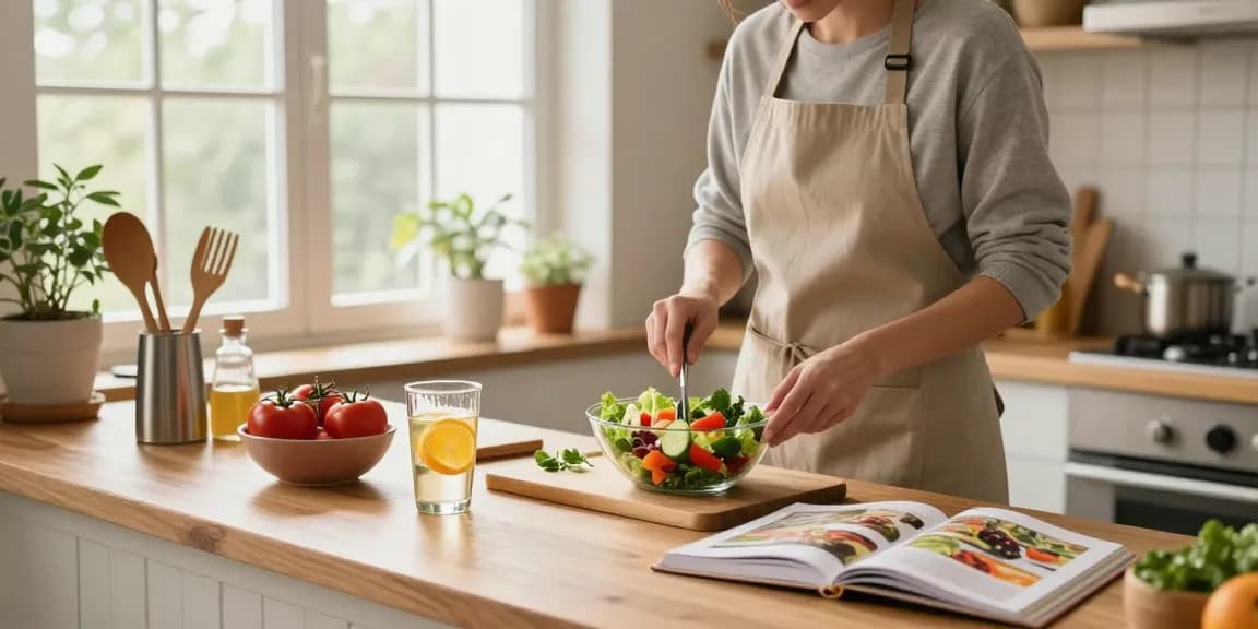 Przygotowanie zdrowej sałatki w kuchni przedstawione na praktycznemieszkanie.pl