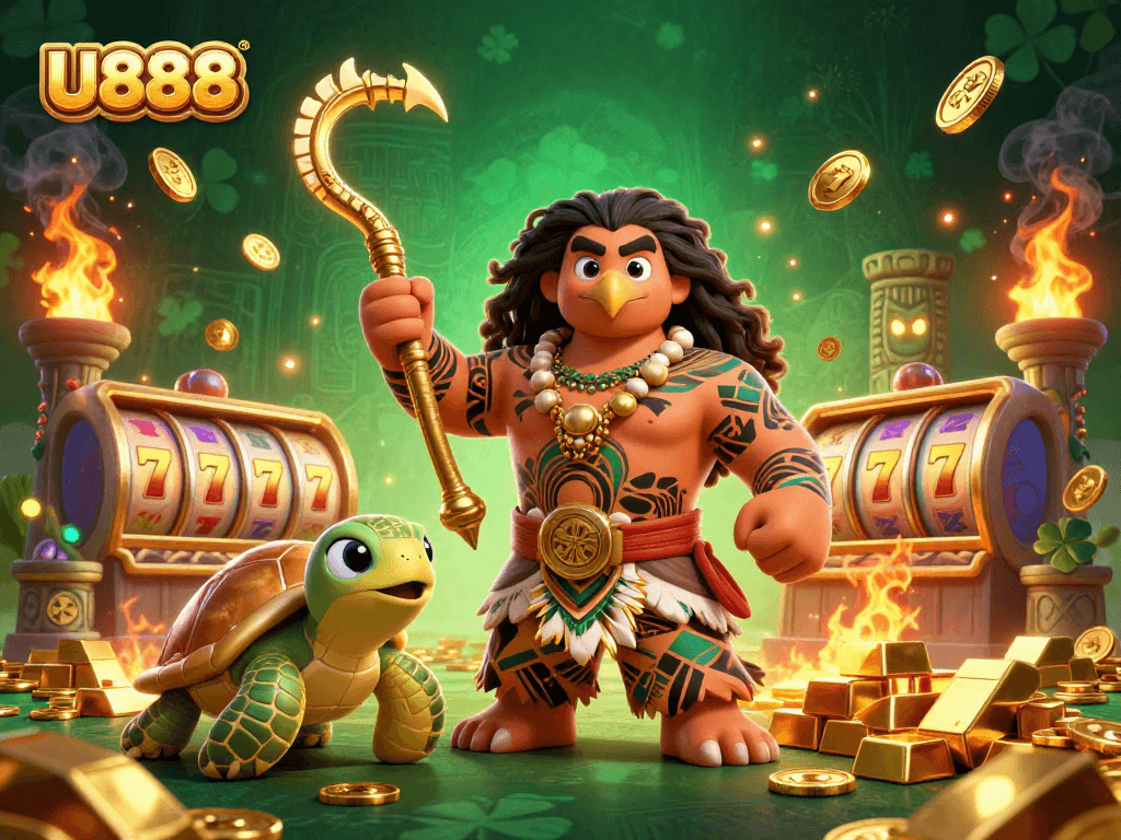 U888 showcases an exciting casino scene with a Polynesian demigod and treasures.