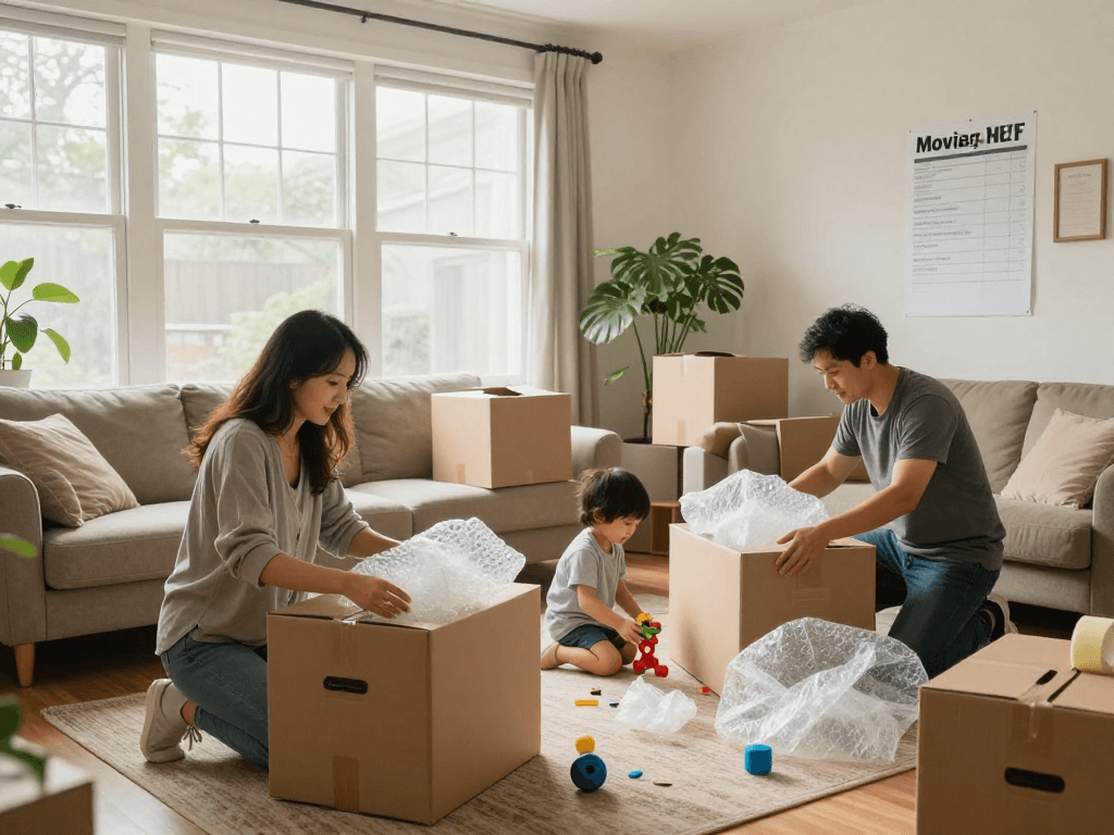 Family working on a moving checklist while packing for a new home.