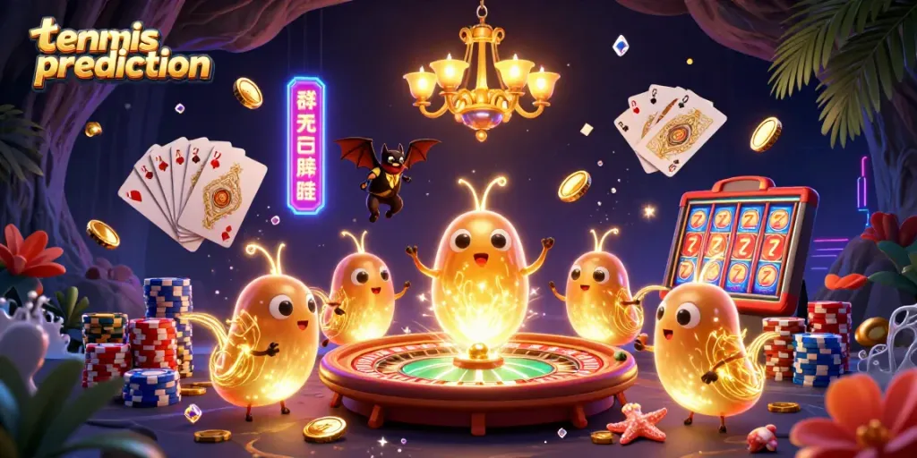 Tennis prediction visualized in a colorful casino scene with glowworms and vibrant gambling elements.