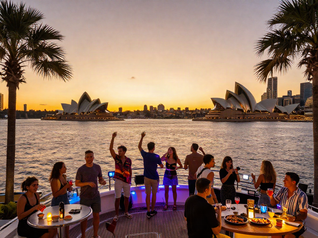 Boat party in Sydney with friends dancing on a yacht during sunset, city skyline in background.