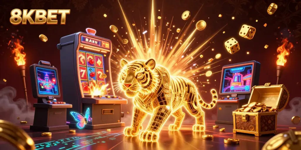 Experience thrilling gameplay at 8KBET with a vibrant jackpot scene featuring a golden tiger and dynamic casino elements.