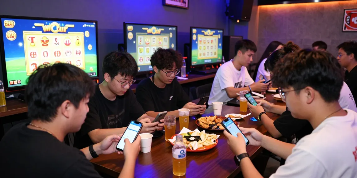 Suasana bermain ratutogel di lounge permainan dengan pemain muda dan layar besar.