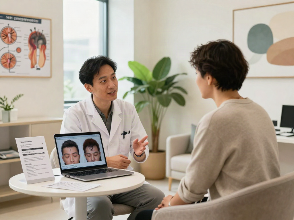 Hair transplant turkey consultation with surgeon in modern clinic, discussing options and showing success stories on laptop.