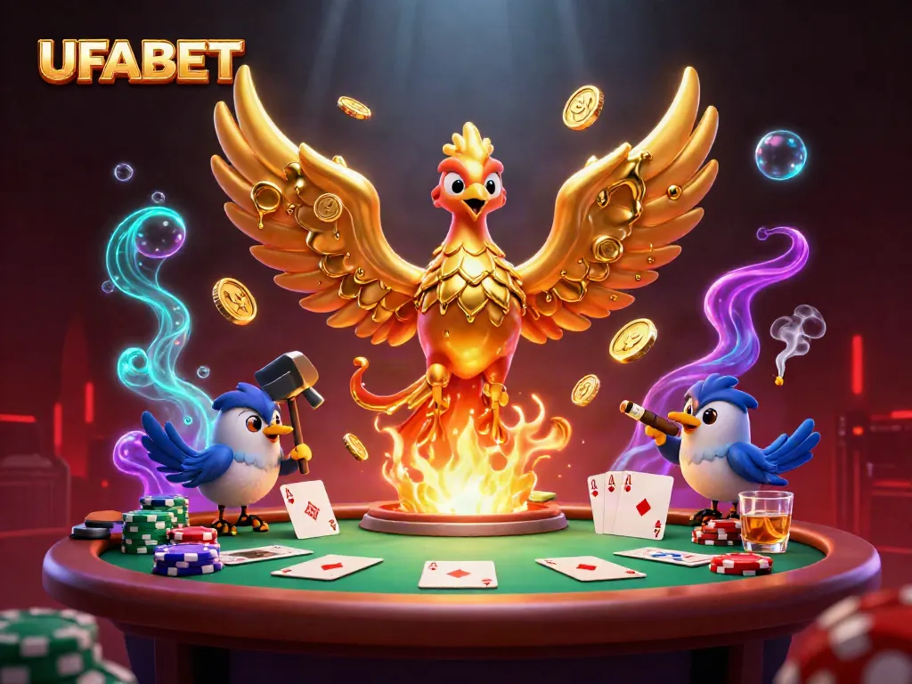 Experience thrilling UFABET casino action with molten gold phoenix and poker elements.