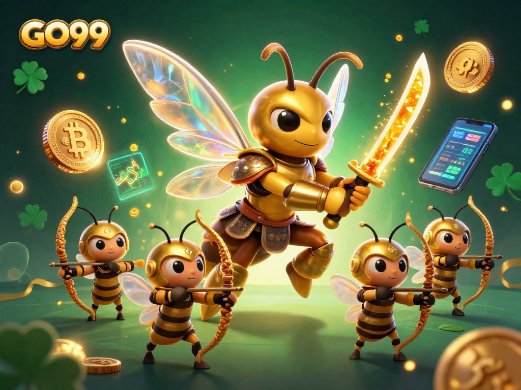 Spin to win at GO99 with vibrant 3D illustrations featuring a golden hornet and casino elements.
