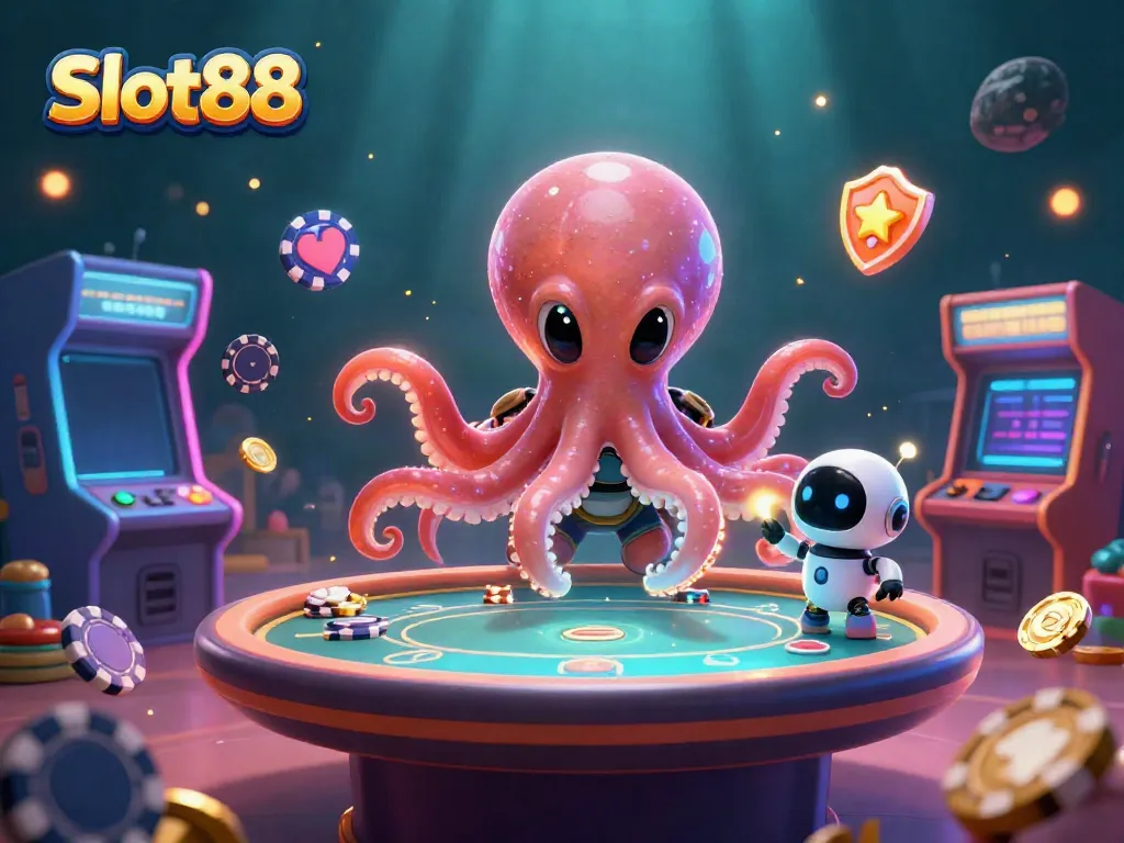 Engage in the thrilling world of Slot88 with this vibrant 3D illustration showcasing an octopus managing a poker table.